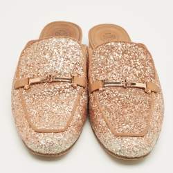 Pre Owned Tory Burch Gold Glitter Amalia Mules Size 39