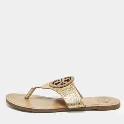 Pre Owned Tory Burch Gold Leather Louisa Thong Flat Sandals Size 38
