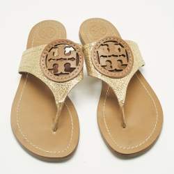 Pre Owned Tory Burch Gold Leather Louisa Thong Flat Sandals Size 38