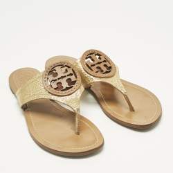 Pre Owned Tory Burch Gold Leather Louisa Thong Flat Sandals Size 38