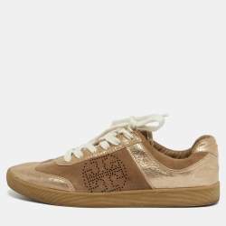 Pre Owned Tory Burch Beige/Gold Suede and Metallic Leather Perforated Logo Sneakers Size 38.5