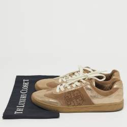 Pre Owned Tory Burch Beige/Gold Suede and Metallic Leather Perforated Logo Sneakers Size 38.5