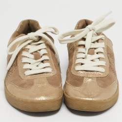 Pre Owned Tory Burch Beige/Gold Suede and Metallic Leather Perforated Logo Sneakers Size 38.5