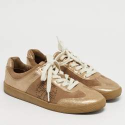 Pre Owned Tory Burch Beige/Gold Suede and Metallic Leather Perforated Logo Sneakers Size 38.5