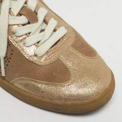 Pre Owned Tory Burch Beige/Gold Suede and Metallic Leather Perforated Logo Sneakers Size 38.5
