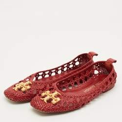 Pre Owned حذاء باليرينا فلات توري برش جلد منسوج أحمر مقاس 40.5