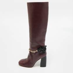 مملوكة مسبقًا Tory Burch Sarava Size 37.5 Burgundy Leather Blossom Block Heel Chain Knee Length Boots
