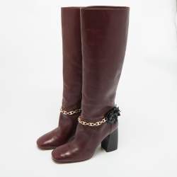 مملوكة مسبقًا Tory Burch Sarava Size 37.5 Burgundy Leather Blossom Block Heel Chain Knee Length Boots