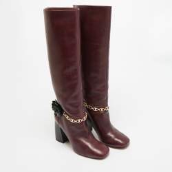مملوكة مسبقًا Tory Burch Sarava Size 37.5 Burgundy Leather Blossom Block Heel Chain Knee Length Boots