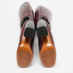 مملوكة مسبقًا Tory Burch Sarava Size 37.5 Burgundy Leather Blossom Block Heel Chain Knee Length Boots
