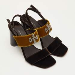 مملوكة مسبقًا Tory Burch Eleanor Size 39 Brown Velvet Logo Detail Block Heel Sandals
