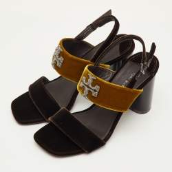 مملوكة مسبقًا Tory Burch Eleanor Size 39 Brown Velvet Logo Detail Block Heel Sandals