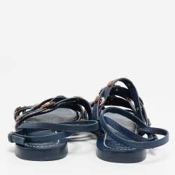 مملوكة مسبقًا Tory Burch Size 37.5 Blue Leather  Floral Appliquéd Ankle Wrap Flat Sandals