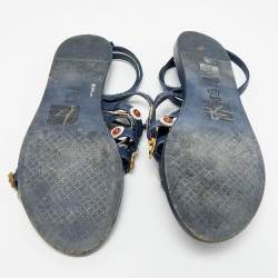 مملوكة مسبقًا Tory Burch Size 37.5 Blue Leather  Floral Appliquéd Ankle Wrap Flat Sandals
