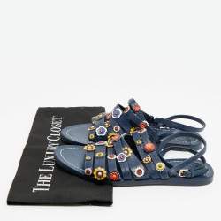 مملوكة مسبقًا Tory Burch Size 37.5 Blue Leather  Floral Appliquéd Ankle Wrap Flat Sandals
