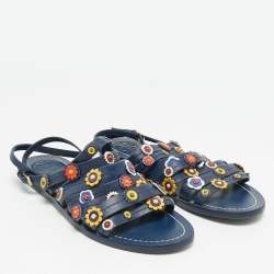 مملوكة مسبقًا Tory Burch Size 37.5 Blue Leather  Floral Appliquéd Ankle Wrap Flat Sandals