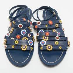 مملوكة مسبقًا Tory Burch Size 37.5 Blue Leather  Floral Appliquéd Ankle Wrap Flat Sandals