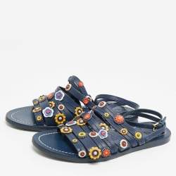 مملوكة مسبقًا Tory Burch Size 37.5 Blue Leather  Floral Appliquéd Ankle Wrap Flat Sandals