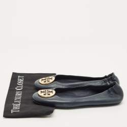 Pre Owned Tory Burch Minnie Size 38.5 Navy Blue Leather Ballet Flats