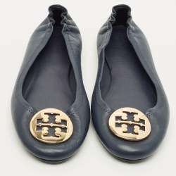Pre Owned Tory Burch Minnie Size 38.5 Navy Blue Leather Ballet Flats