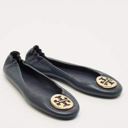 Pre Owned Tory Burch Minnie Size 38.5 Navy Blue Leather Ballet Flats