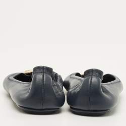Pre Owned Tory Burch Minnie Size 38.5 Navy Blue Leather Ballet Flats