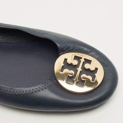 Pre Owned Tory Burch Minnie Size 38.5 Navy Blue Leather Ballet Flats