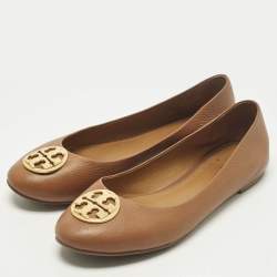 Pre Owned Tory Burch Chelsea Size 38.5 Brown Leather Ballet Flats