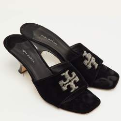 Pre Owned Tory Burch Size 39 Black Crystal Embellished Velvet Mules