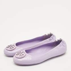 Pre Owned Tory Burch Minnie Size 37 Purple Patent Leather Scrunch Ballet Flats