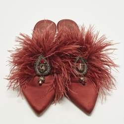 Pre Owned حذاء ميول مزين بالكريستال ريش ساتان بورجوندي توري برش إلودي مقاس 39.5