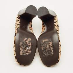 Pre Owned حذاء كعب عالي توري برش كعب مربع سميك شعر العجل نقشة النمر بني / بيج مقاس 37