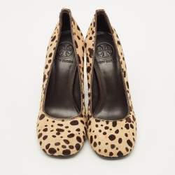 Pre Owned حذاء كعب عالي توري برش كعب مربع سميك شعر العجل نقشة النمر بني / بيج مقاس 37