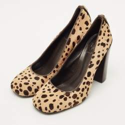 Pre Owned حذاء كعب عالي توري برش كعب مربع سميك شعر العجل نقشة النمر بني / بيج مقاس 37