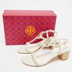 مملوكة مسبقًا صندل توري برش جيجي كعب عريض جلد بني بحزام للكاحل مقاس 36