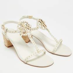 مملوكة مسبقًا صندل توري برش جيجي كعب عريض جلد بني بحزام للكاحل مقاس 36