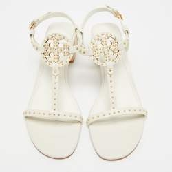 مملوك�ة مسبقًا صندل توري برش جيجي كعب عريض جلد بني بحزام للكاحل مقاس 36