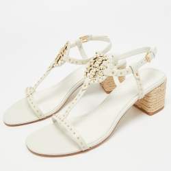 مملوكة مسبقًا صندل توري برش جيجي كعب عريض جلد بني بحزام للكاحل مقاس 36