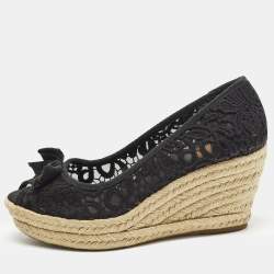 مملوكة مسبقًا Tory Burch Jackie Size 38.5 Black Mesh Wedge Espadrille Pumps