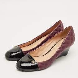 Pre Owned Tory Burch Claremont Size 41 Burgundy/Black Leather and Patent Wedge Pumps
