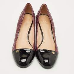 Pre Owned Tory Burch Claremont Size 41 Burgundy/Black Leather and Patent Wedge Pumps