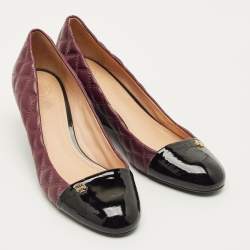 Pre Owned Tory Burch Claremont Size 41 Burgundy/Black Leather and Patent Wedge Pumps