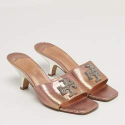 Pre Owned Tory Burch Eleanor Size 37 Metallic Snakeskin Embossed Leather Mules