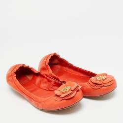 Pre Owned Tory Burch Size 37 Orange Leather Scrunch Ballet Flats
