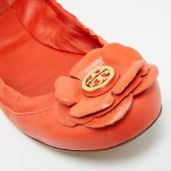 Pre Owned Tory Burch Size 37 Orange Leather Scrunch Ballet Flats
