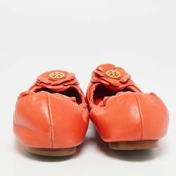 Pre Owned Tory Burch Size 37 Orange Leather Scrunch Ballet Flats