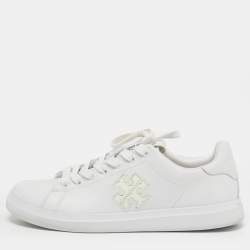 Pre Owned Tory Burch Size 36.5 White Leather Double T Howell Court Lace Up Sneakers          