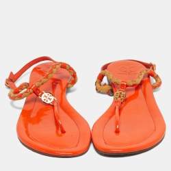 Pre Owned Tory Burch Miller Size 41 Orange Patent Leather and Straw Slingback Flats