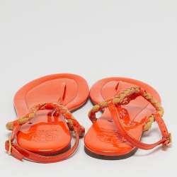 Pre Owned Tory Burch Miller Size 41 Orange Patent Leather and Straw Slingback Flats