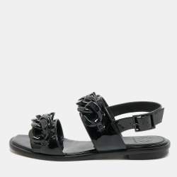 Pre Owned Tory Burch Adrien Size 37 Black Patent Leather Ankle Strap Flat Sandals